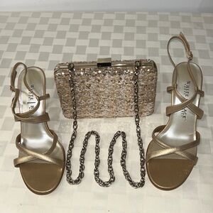 White House Black Market metallic gold heels and Sequined Clutch